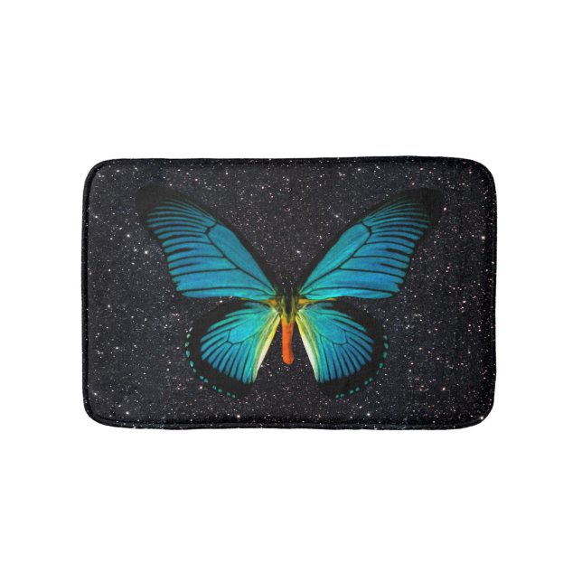 Blue Butterfly On Black Glitter Bath Mat (Front)