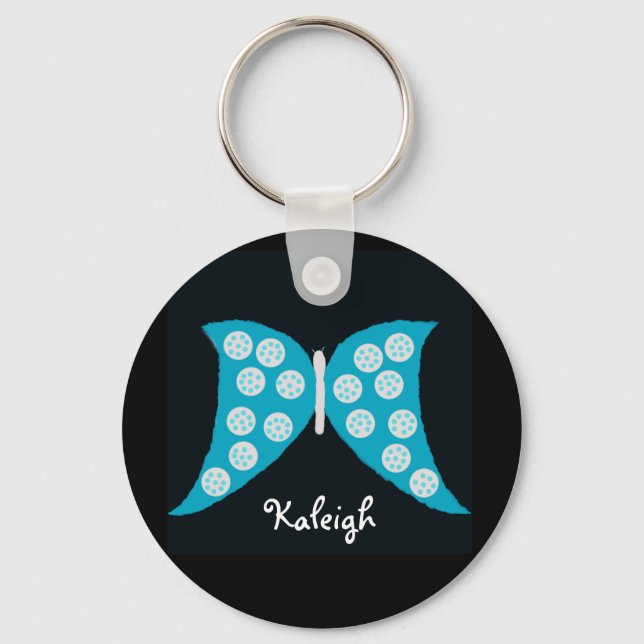 Blue Butterfly on Black Personalised Keychain (Front)
