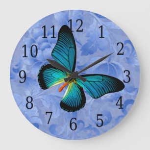 Blue Butterfly On Blue Flowers Clock