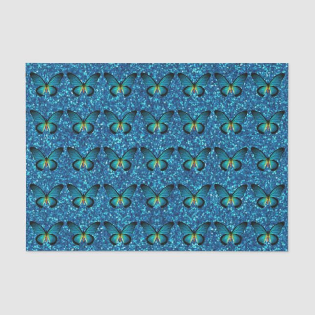 Blue Butterfly On Blue Glitter Tissue Paper (Front)