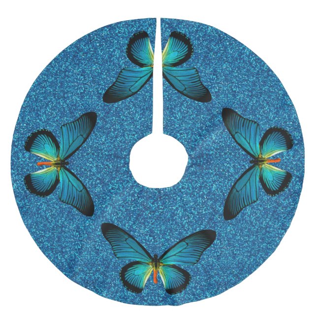Blue Butterfly On Blue Glitter Tree Skirt (Front)