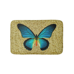Blue Butterfly On Gold Glitter Bath Mat