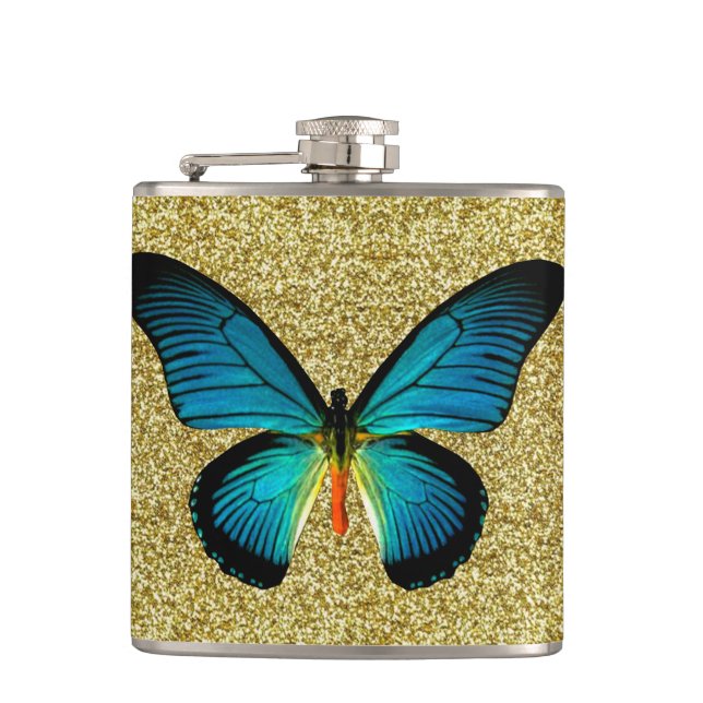 Blue Butterfly On Gold Glitter Flask (Front)