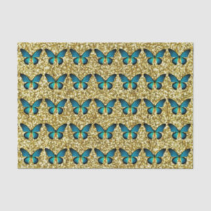 Blue Butterfly On Gold Glitter Tissue Paper