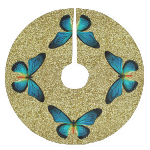 Blue Butterfly On Gold Glitter Tree Skirt