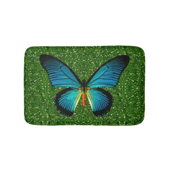 Blue Butterfly On Green Glitter Bath Mat (Front)