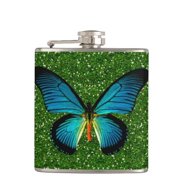 Blue Butterfly On Green Glitter Flask (Front)