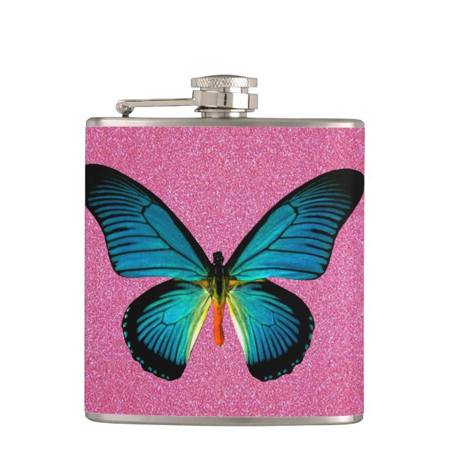 Blue Butterfly On Pink Glitter Flask (Front)