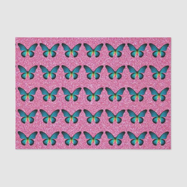 Blue Butterfly On Pink Glitter Tissue Paper (Front)