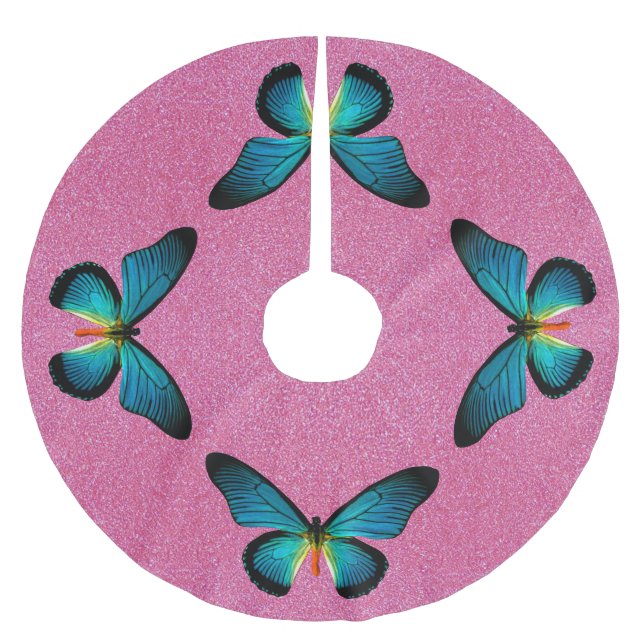 Blue Butterfly On Pink Glitter Tree Skirt (Front)