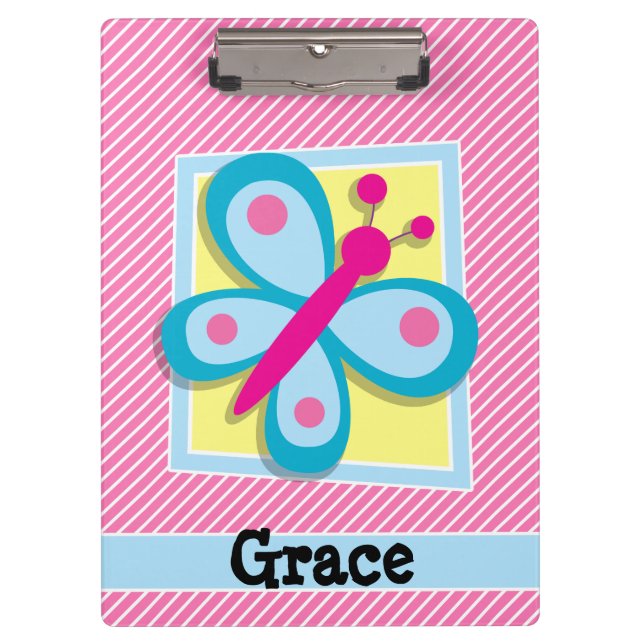 Blue Butterfly on Pink & White Stripes Clipboard (Front)