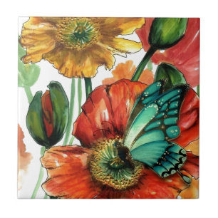 Blue Butterfly on Poppies Ceramic Tile