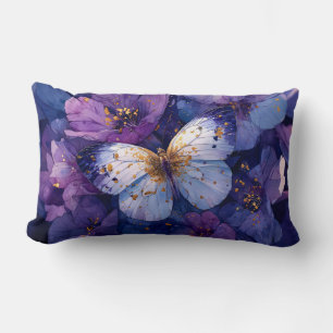Blue Butterfly on Purple Flowers Lumbar Cushion