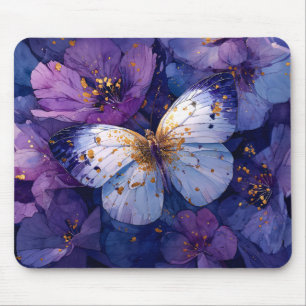 Blue Butterfly on Purple Flowers Mouse Pad
