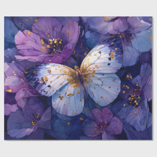 Blue Butterfly on Purple Flowers Wrapping Paper