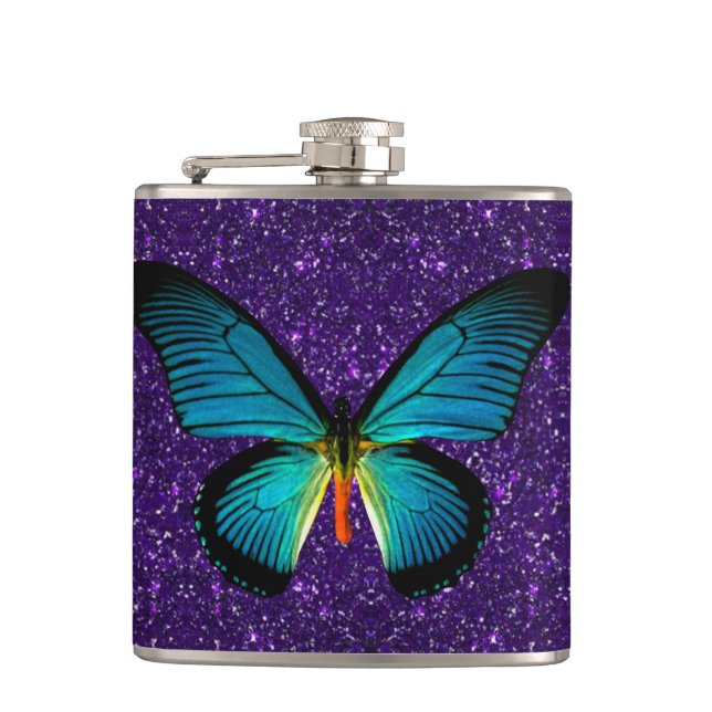 Blue Butterfly On Purple Glitter Flask (Front)