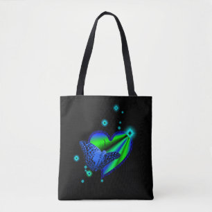 Blue Butterfly on Rainbow Heart with Stars Tote Bag