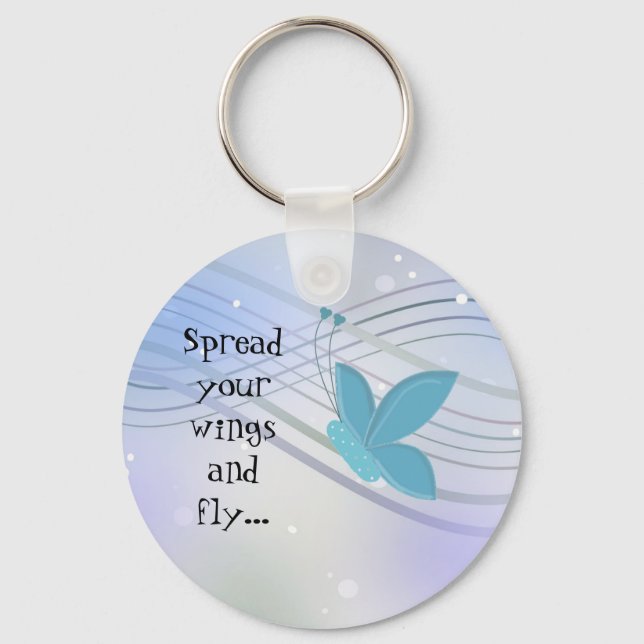 Blue Butterfly on Ribbon Swirls Key Ring (Front)