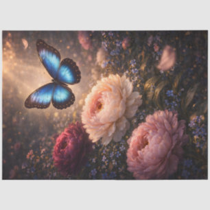 Blue Butterfly Over Peonies Spring Garden Floral Tissue Paper