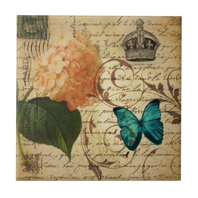 blue butterfly paris scripts french botanical ceramic tile (Front)