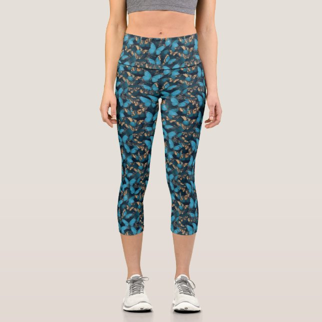 Blue Butterfly Pattern High Waisted Yoga Capris (Front)