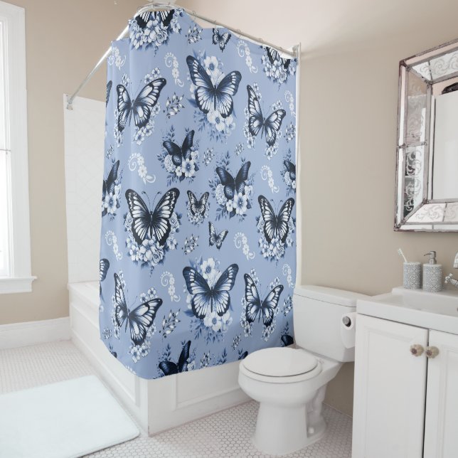Blue Butterfly Pattern Shower Curtain (In Situ)