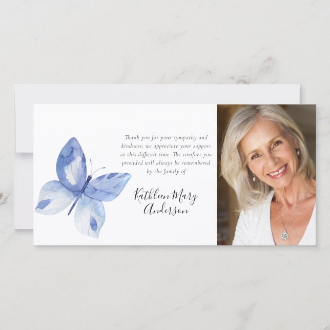 Blue Butterfly Photo Funeral Thank You Card (Front)