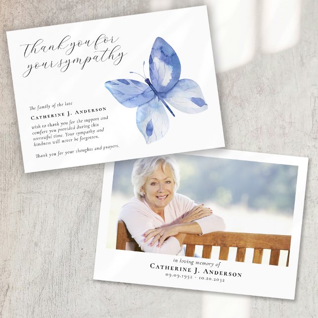 Blue Butterfly Photo Sympathy Funeral Memorial Thank You Card (Creator Uploaded)