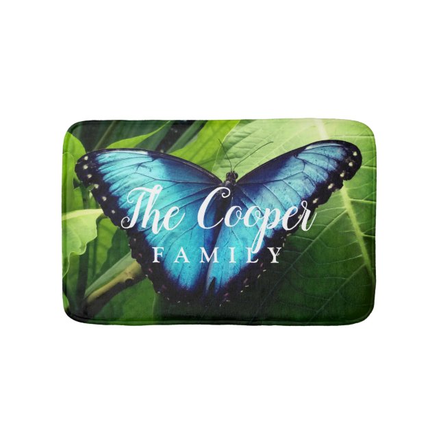 Blue butterfly photo with custom family name bath mat (Front)