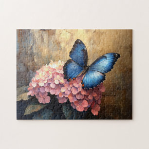 Blue Butterfly Pink Blooms Jigsaw Puzzle