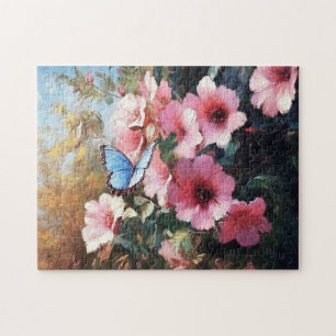Blue Butterfly Pink Flowers Painting Jigsaw Puzzle
