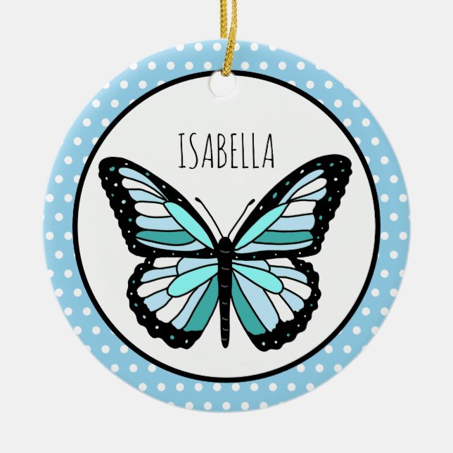 Blue Butterfly Polka Dot Personalised Christmas  Ceramic Ornament (Front)