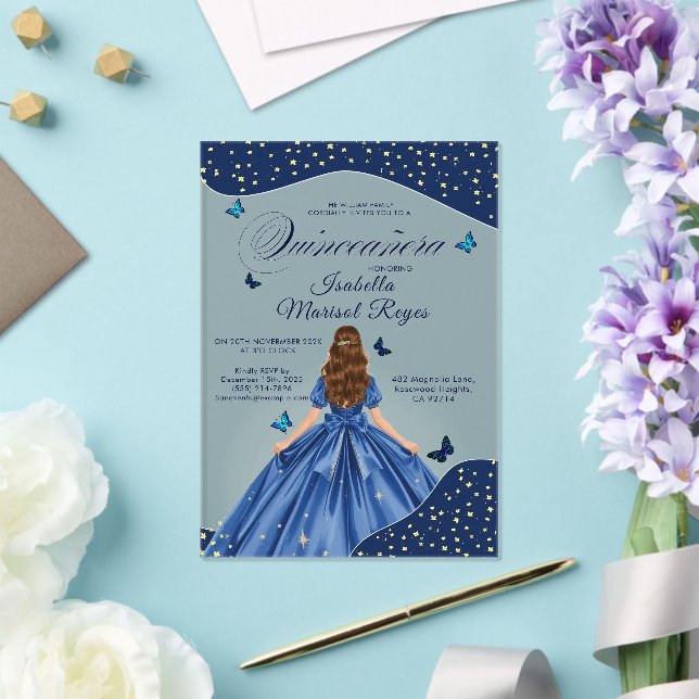 Blue Butterfly Quinceañera Gown Starry Night Acrylic Invitations (Insitu (Wedding))