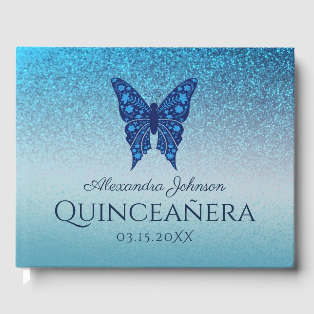 Blue Butterfly Quinceañera Guest Book (Front)