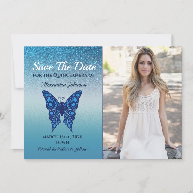 Blue Butterfly Quinceañera Save The Date (Front)