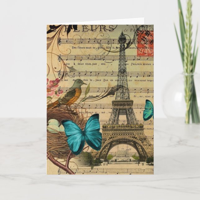 Blue butterfly Robin bird nest Paris Eiffel Tower Card (Front)