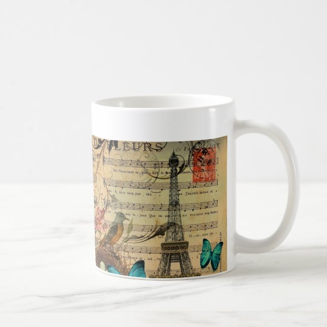 Blue butterfly Robin bird nest Paris Eiffel Tower Coffee Mug (Right)