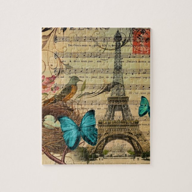 Blue butterfly Robin bird nest Paris Eiffel Tower Jigsaw Puzzle (Vertical)