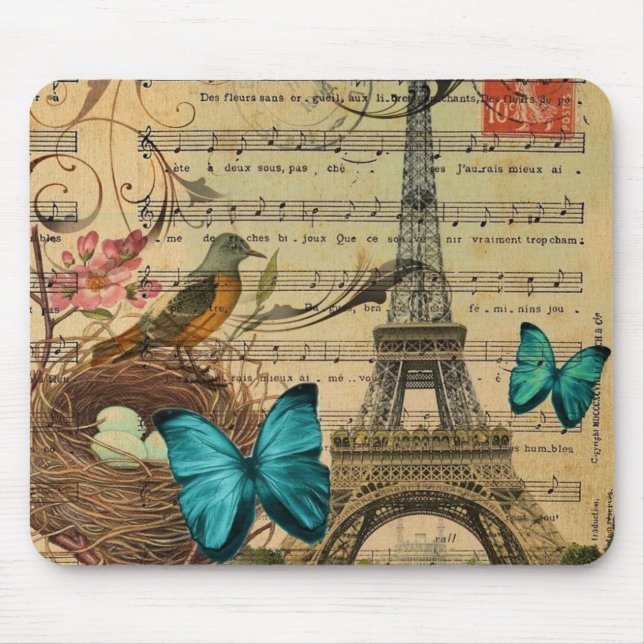 Blue butterfly Robin bird nest Paris Eiffel Tower Mouse Pad (Front)