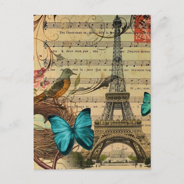 Blue butterfly Robin bird nest Paris Eiffel Tower Postcard (Front)