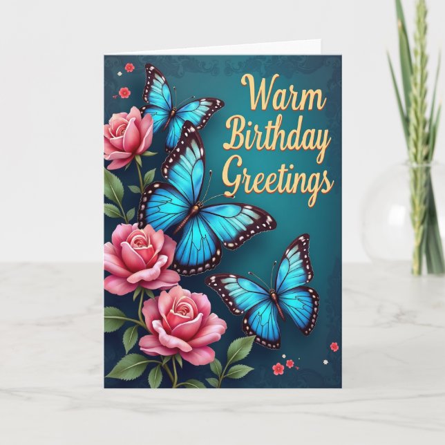 Blue Butterfly Rose Birthday Card (Front)