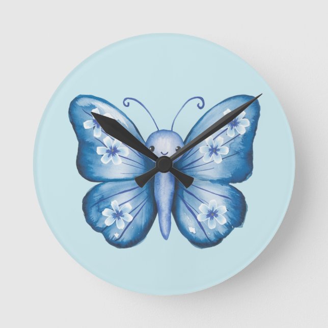 Blue Butterfly Round Clock (Front)