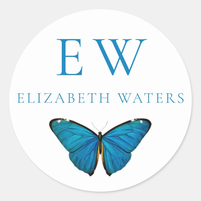 BLUE BUTTERFLY ROUND CUSTOM NAME STICKER (Front)
