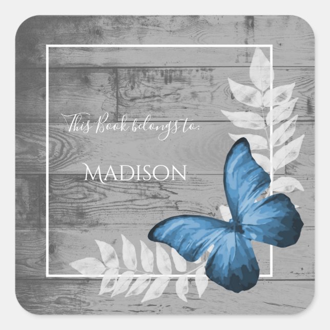 Blue Butterfly Rustic Book Sticker (Front)