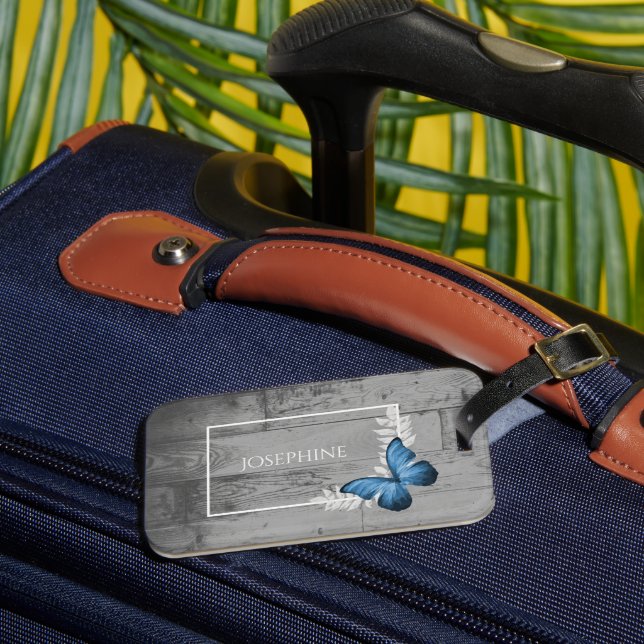 Blue Butterfly Rustic Luggage Tag (Front Insitu 3)