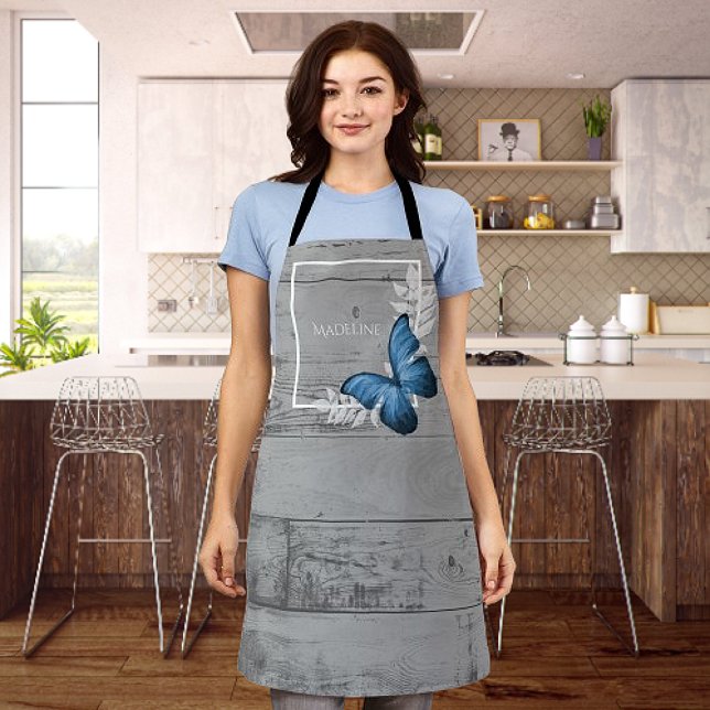 Blue Butterfly Rustic Personalised Apron (Blue Butterfly Rustic Personalized Apron)