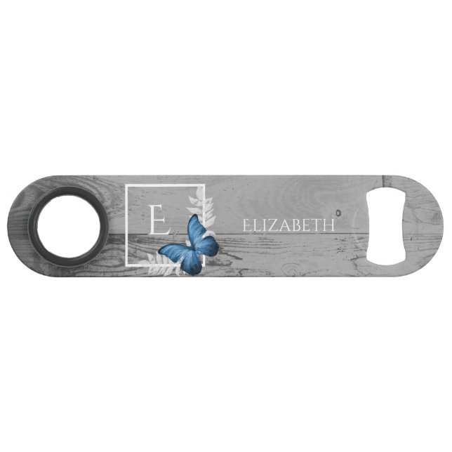Blue Butterfly Rustic Personalised Bar Key (Front (Horizontal))