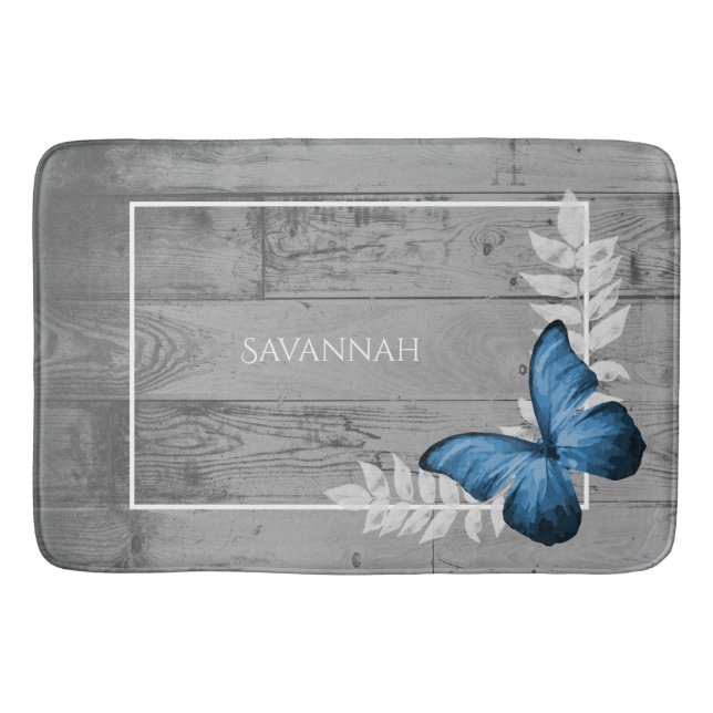 Blue Butterfly Rustic Personalised Bath Mat (Front)