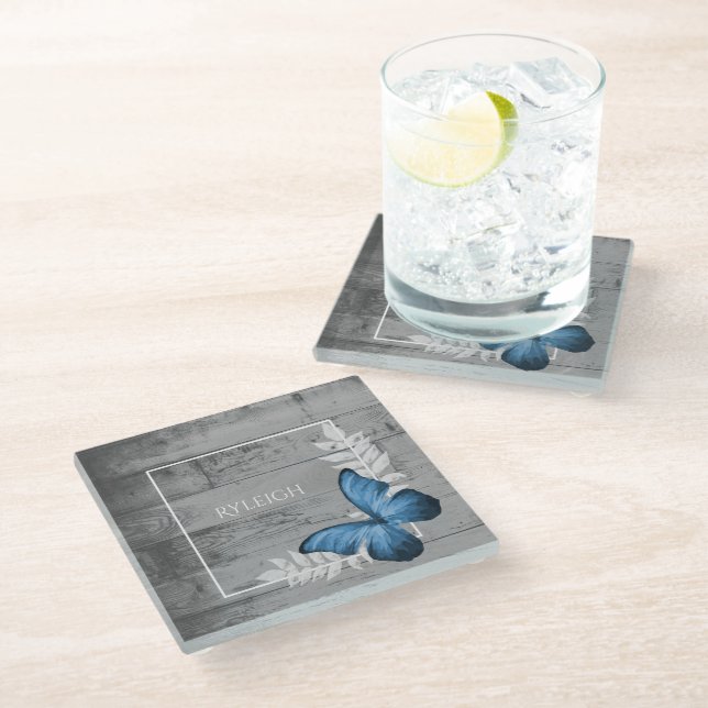 Blue Butterfly Rustic Personalised Glass Coaster (Angled)