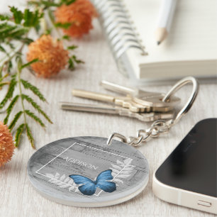 Blue Butterfly Rustic Personalised Keychain